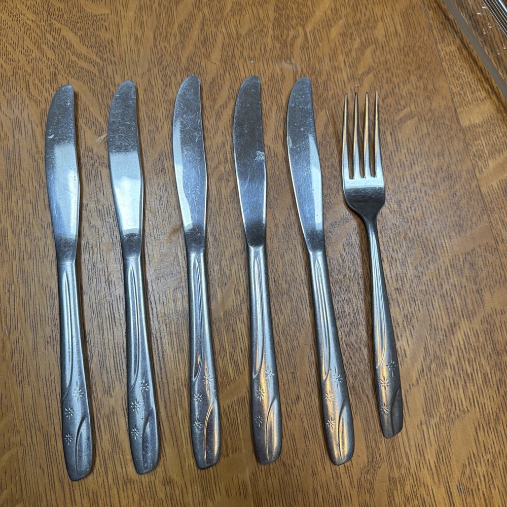 Oneida Thor Stainless Starlet 5 Butter Knives + 1 Fork MCM Atomic Flatware